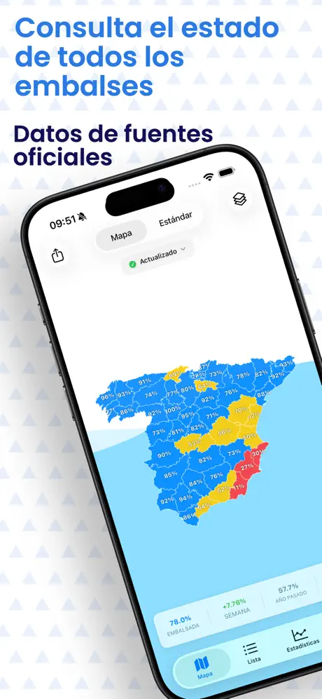 Mapa de España con el porcentaje de agua embalsada por comunidad autónoma